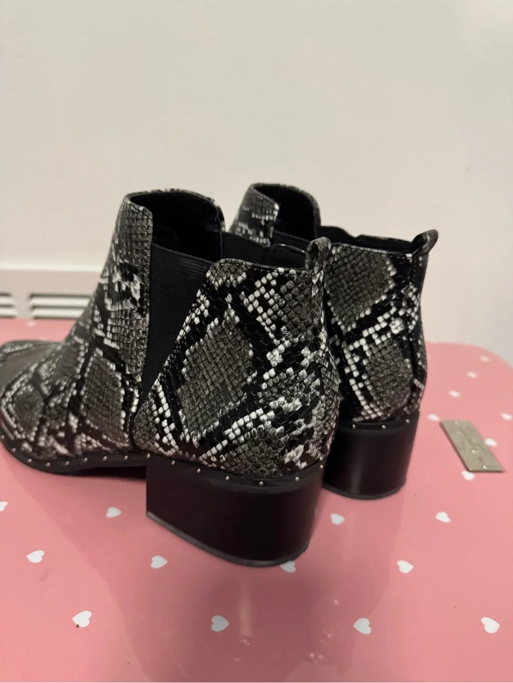 Womens Black & Gray Snake Print Ankle Boots